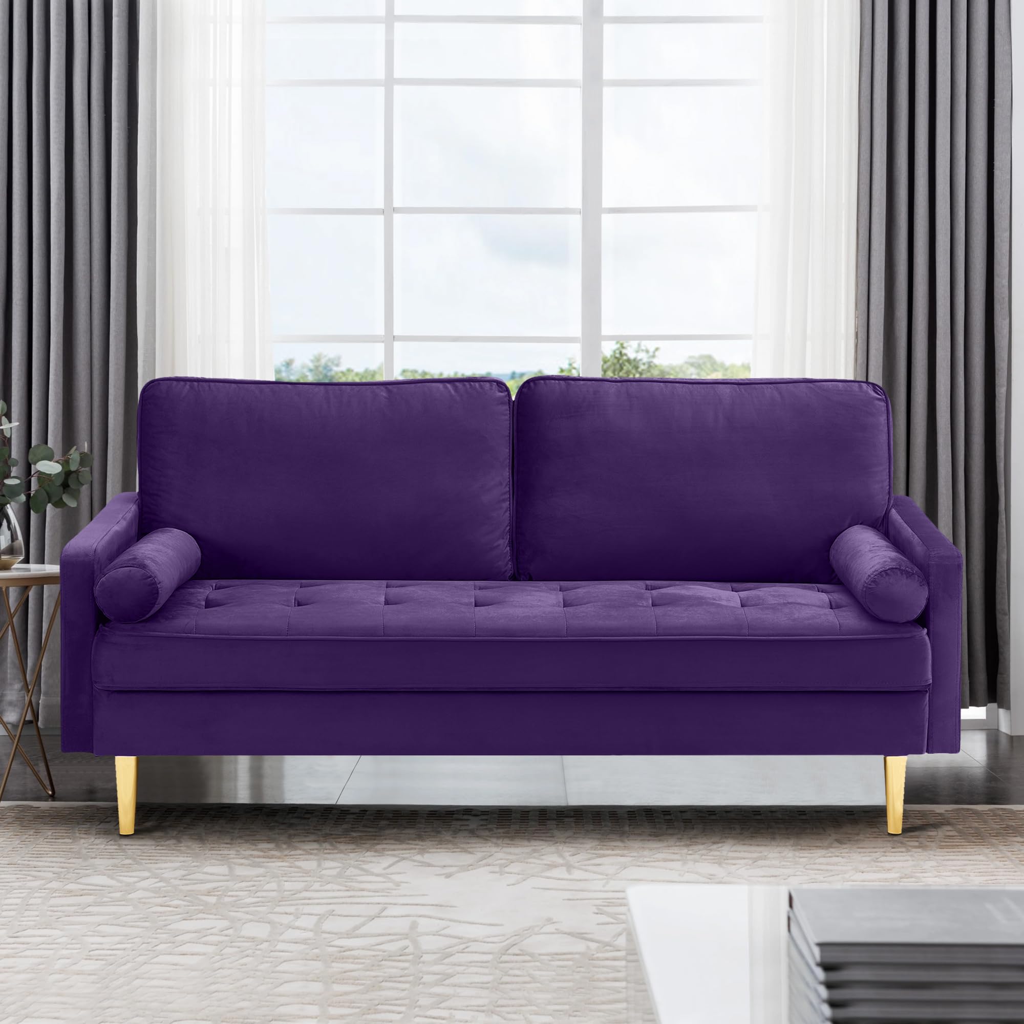 67" Modern Velvet Loveseat Sofa Couch, Mid-Century Tufted Upholstered Small Love Seat Couch with 2 Pillows & 4 Golden Legs, 2-Seats Couches for Compact Space, Living Room, Apartment (Black)