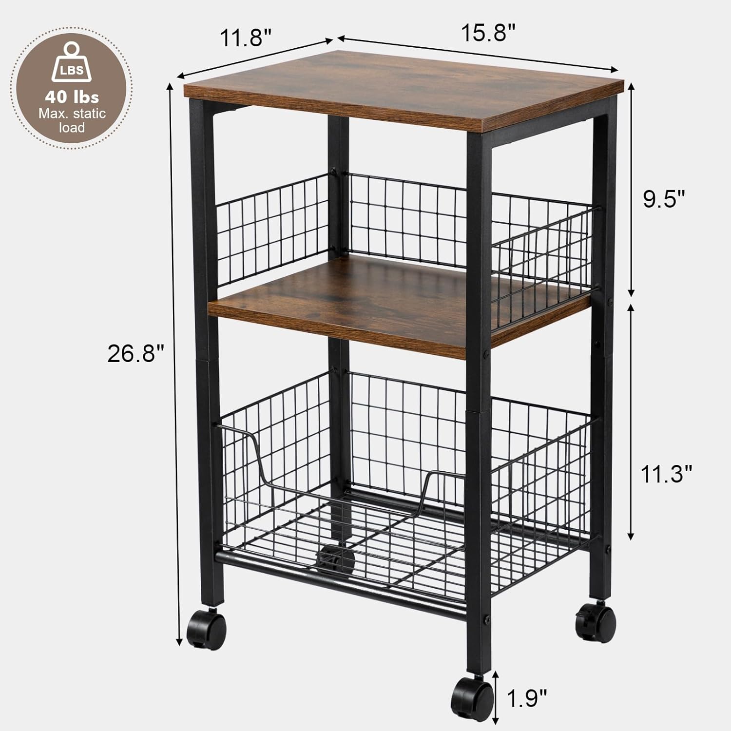 Hadulcet Small End Table, 3-Tier Side Table with Storage Basket, Industrial Style Side End Table for Living Room Bedroom Kitchen Bathroom, Rustic Brown