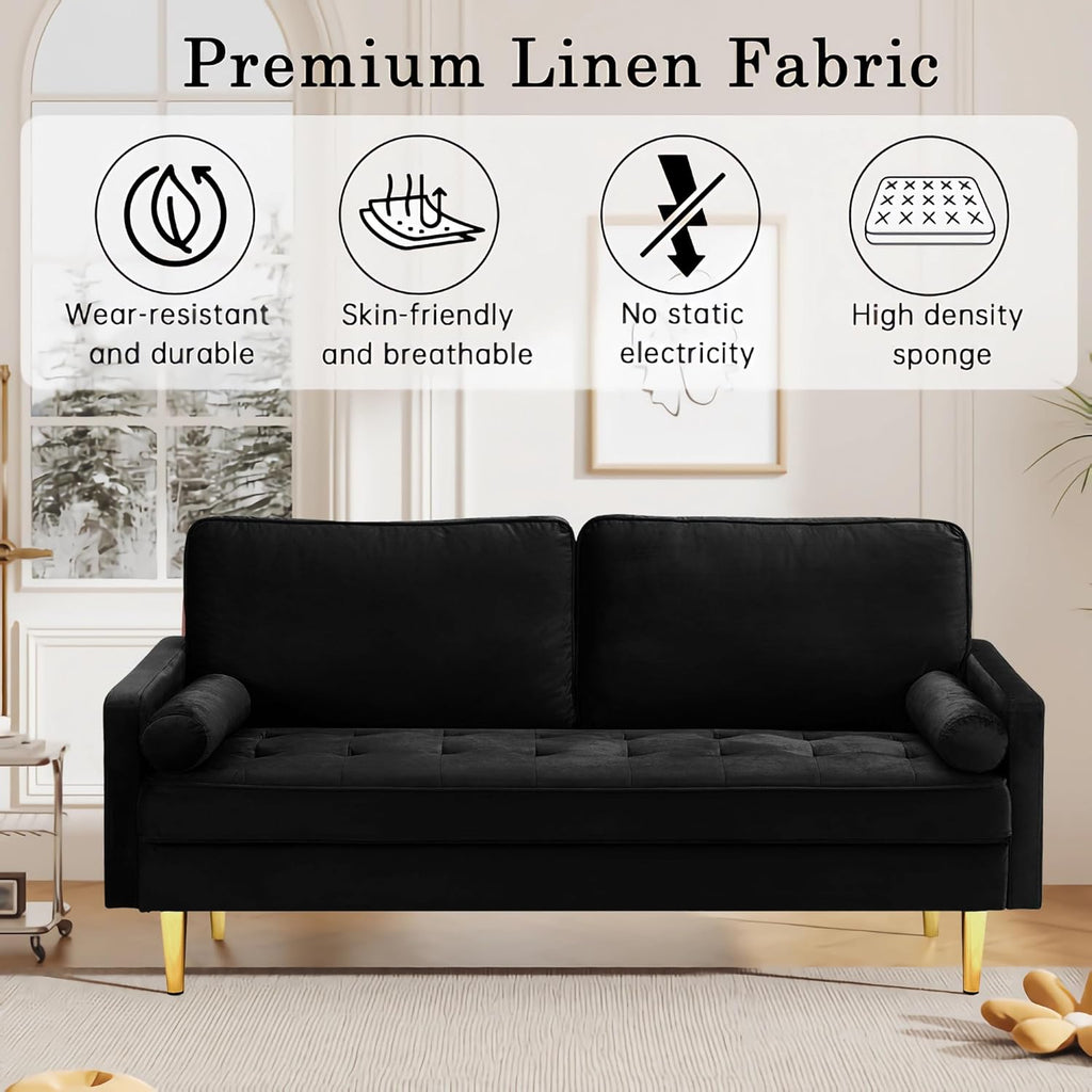 67" Modern Velvet Loveseat Sofa Couch, Mid-Century Tufted Upholstered Small Love Seat Couch with 2 Pillows & 4 Golden Legs, 2-Seats Couches for Compact Space, Living Room, Apartment (Black)