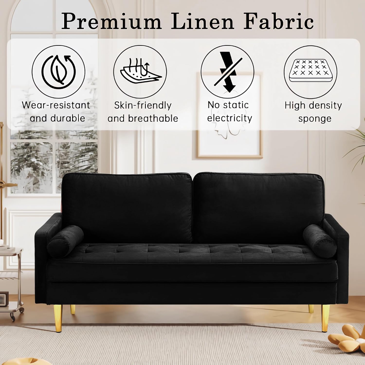 67" Modern Velvet Loveseat Sofa Couch, Mid-Century Tufted Upholstered Small Love Seat Couch with 2 Pillows & 4 Golden Legs, 2-Seats Couches for Compact Space, Living Room, Apartment (Black)