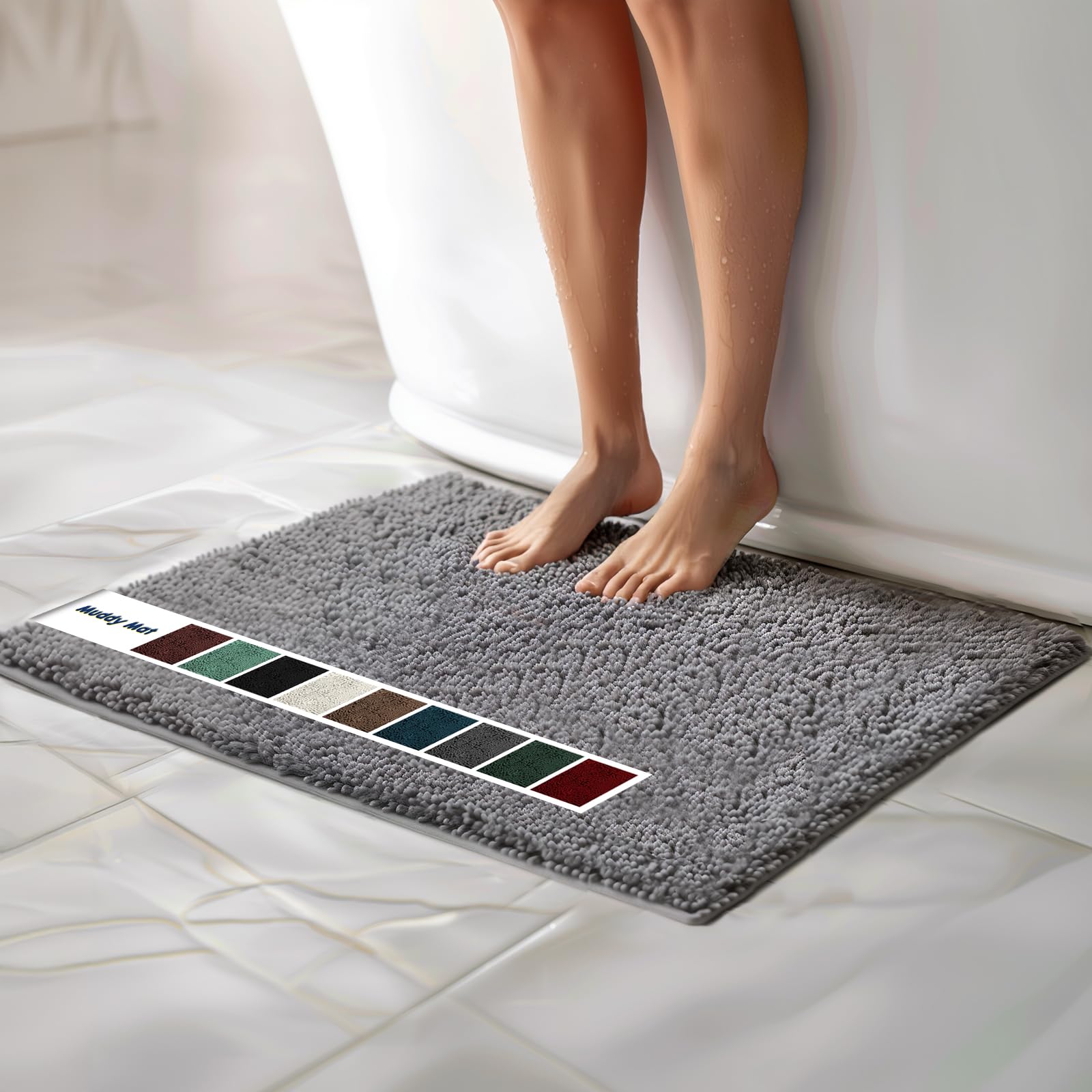 Muddy Mat Chenille Bathroom Rugs Quick Dry Microfiber Mats Non Slip Washable, Extra Thick, Soft and Highly Absorbent Bath Mats for Bathroom, Kitchen, and Shower Floor - Grey Small 28"X18"