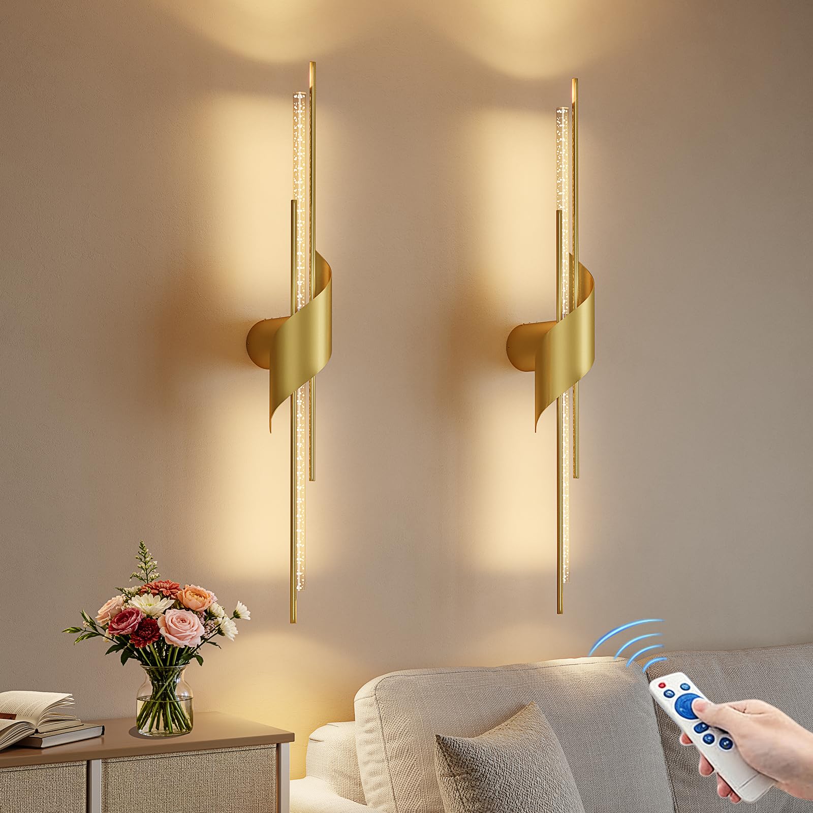 camuucci Battery Operated Wall Sconces Set of Two,Modern Wireless Wall Lights,LED Rechargeable 20000mAh Not Hardwired Remote Control Dimmable Wall Lamp Fixtures for Bedroom Black 33 Inches