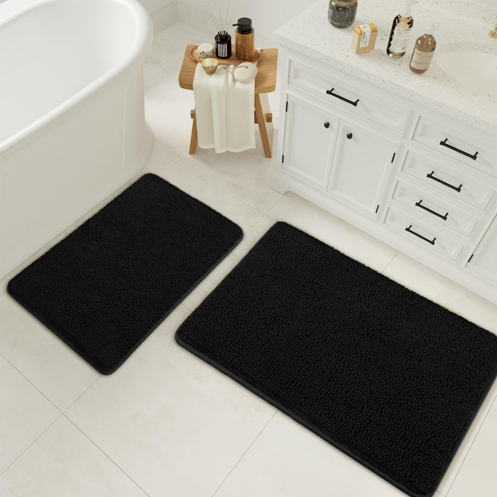 LOCHAS Bathroom Rugs Sets 2 Piece, 17 x 24 Plus 20 x 32 Inches Thick Non Slip Bath Rug Set, Absorbent Soft Chenille Bath Rug, Machine Washable Quick Dry Bath Mat for Bathroom Floor, Grey