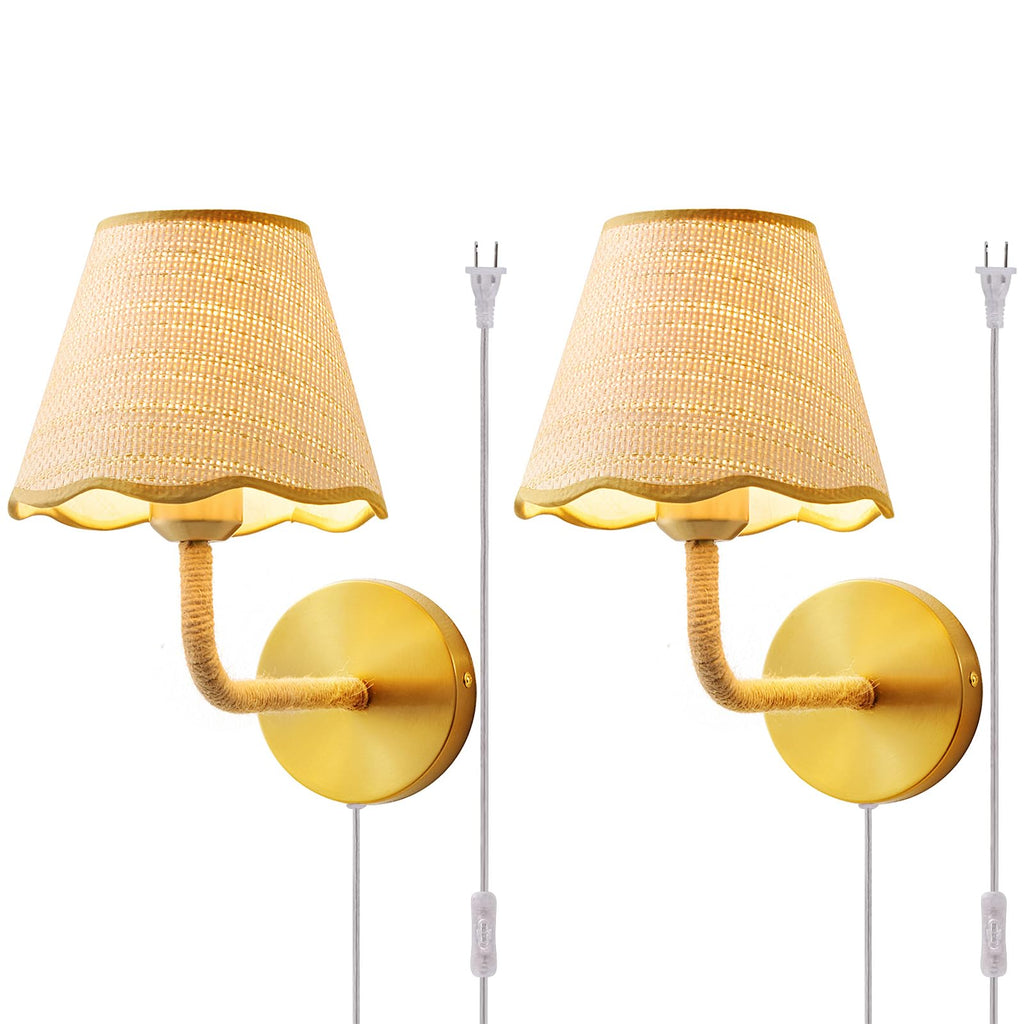 Battery Operated Rattan Wall Sconces Set of Tow, Wireless Rechargeable Battery Powered Wall Light with Grass-Woven Lampshade for Bedroom Living Room Hallway Porch(E26 Bulb Included)