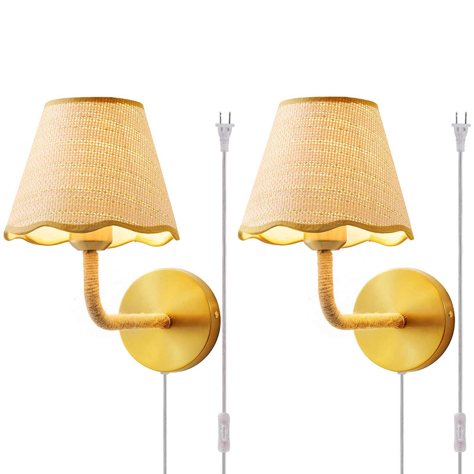 Battery Operated Rattan Wall Sconces Set of Tow, Wireless Rechargeable Battery Powered Wall Light with Grass-Woven Lampshade for Bedroom Living Room Hallway Porch(E26 Bulb Included)