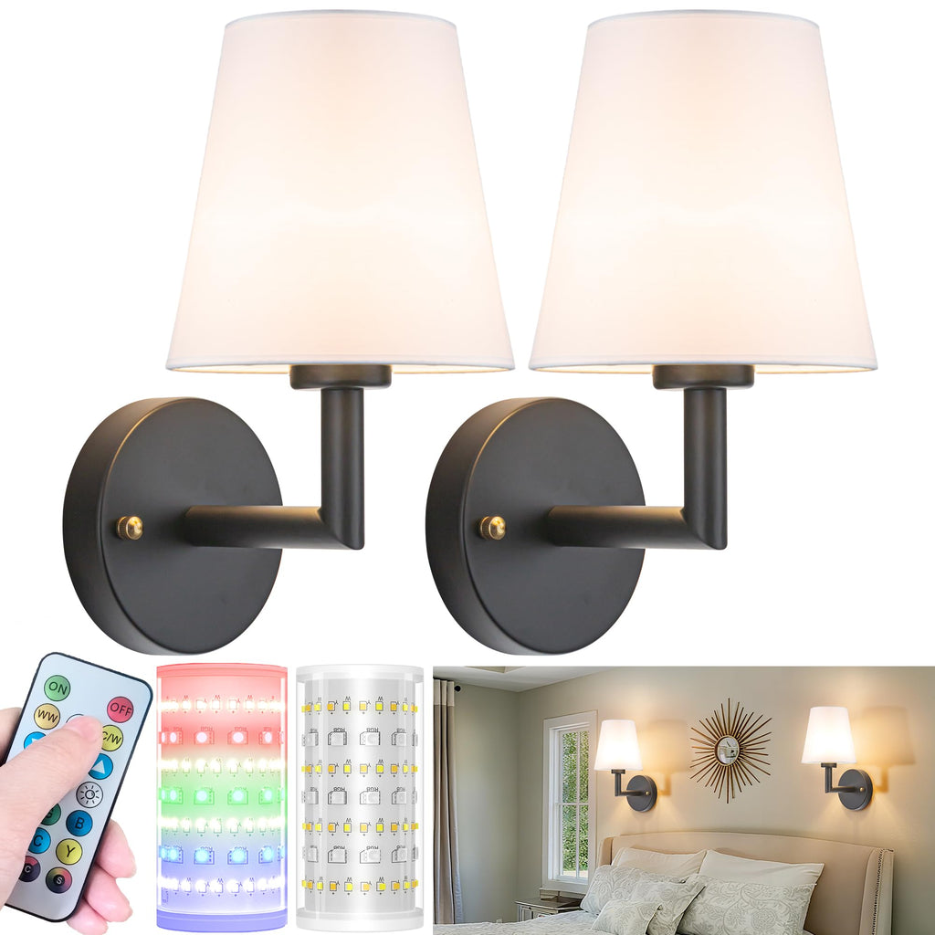 Nekhung Battery Operated Wall Sconces Set of Two, Wireless Battery Wall Light with 10000mAh RGB Dimmable Magnetic Bulb and Remote, Rechargeable Sconce Wall Decor for Bedroom Living Room Hallway