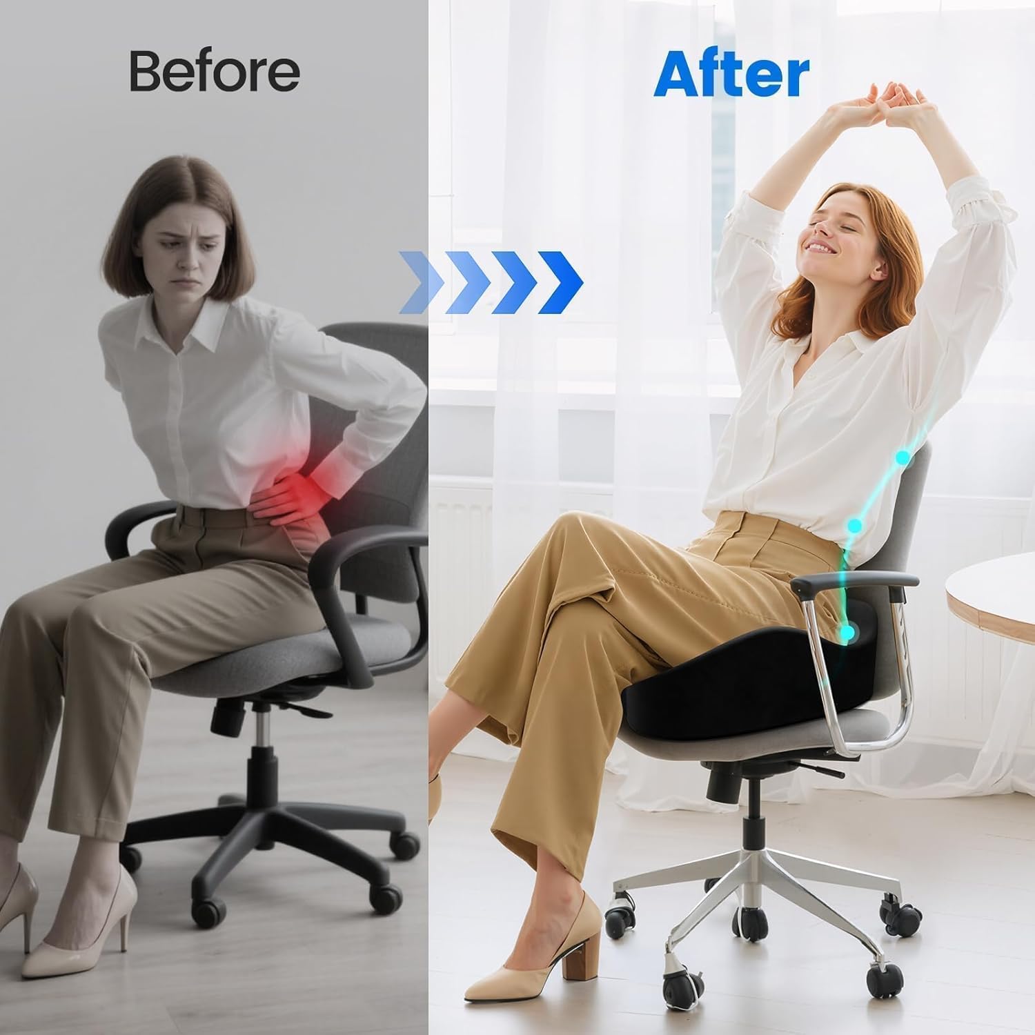 Seat Cushion, Memory Foam Chair Cushions for Tailbone/Sciatica Easing, Chair Pillow with Handles for Car, Office Chair Cushion with Non-Slip Design, Ideal for Post-Surgery Recovery(Black)