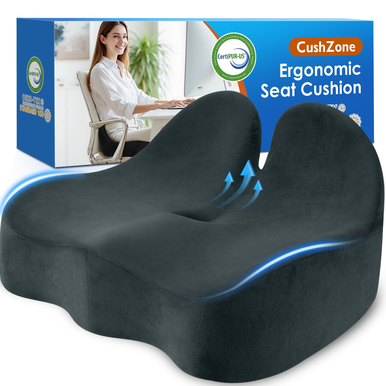 CushZone Seat Cushion, Ergonomic Memory Foam Seat Cushions for Office Chairs, Car, Long Trip, Desk Chair, Lab, Extra Large Size for Sciatica & Hip & Tailbone Pain Relief, Sciatica Support (Black)
