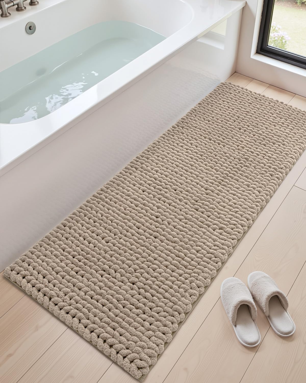 DEXI Bathroom Rugs 24x36, Non Slip Washable Bath Mat, Luxury Chenille Super Absorbent Ultra Thick Bathmats for Shower Floor, Plush Fluffy Shaggy Carpet for Tub, Beige