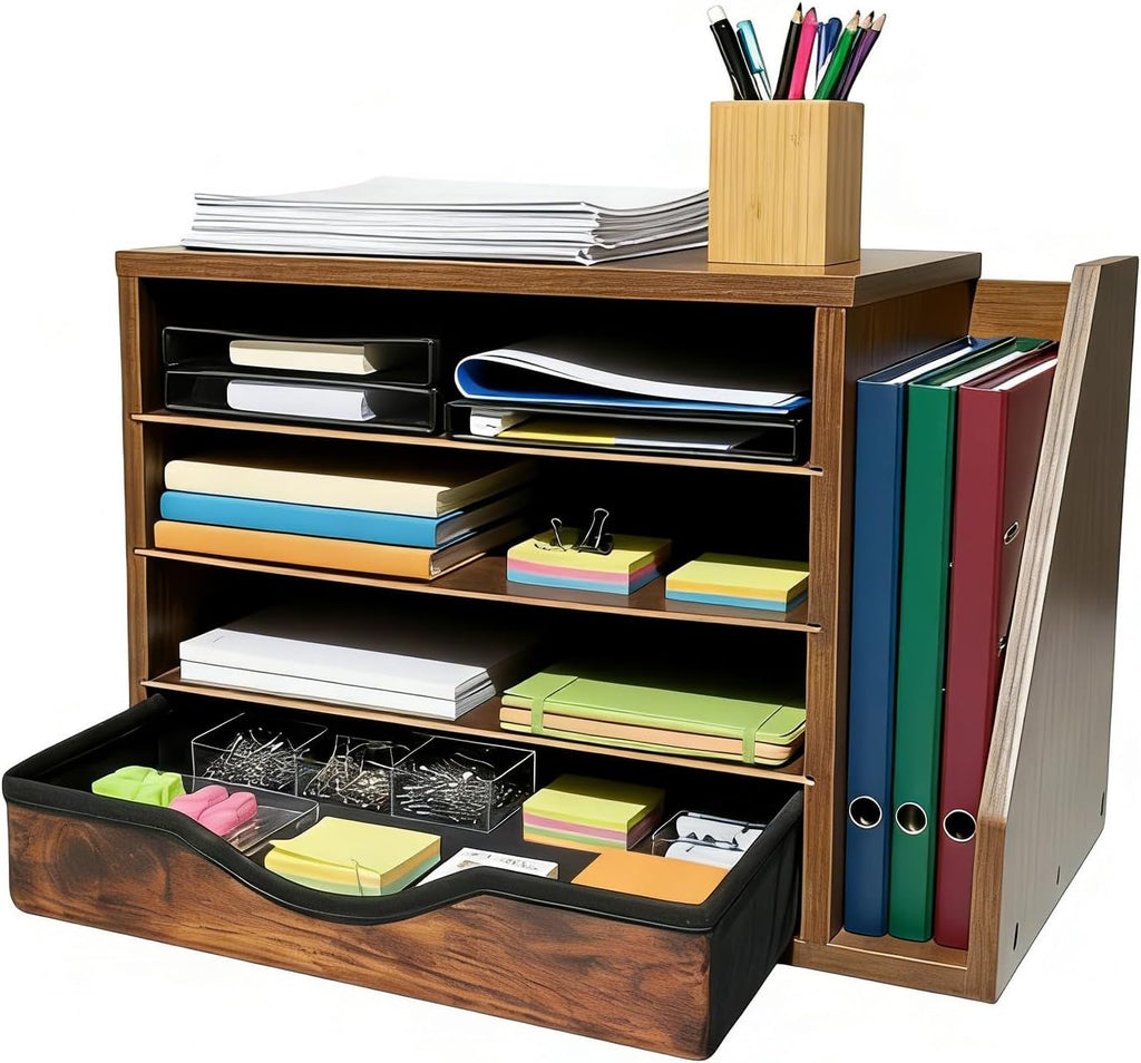 Wooden Desk Organizer with Drawers, Wood Desk Organizers and Accessories, 4 Tier Desk Organizer with Adjustable Shelves, Paper File Mail Organizer for Home Office, Brown