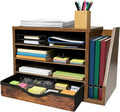Wooden Desk Organizer with Drawers, Wood Desk Organizers and Accessories, 4 Tier Desk Organizer with Adjustable Shelves, Paper File Mail Organizer for Home Office, Brown