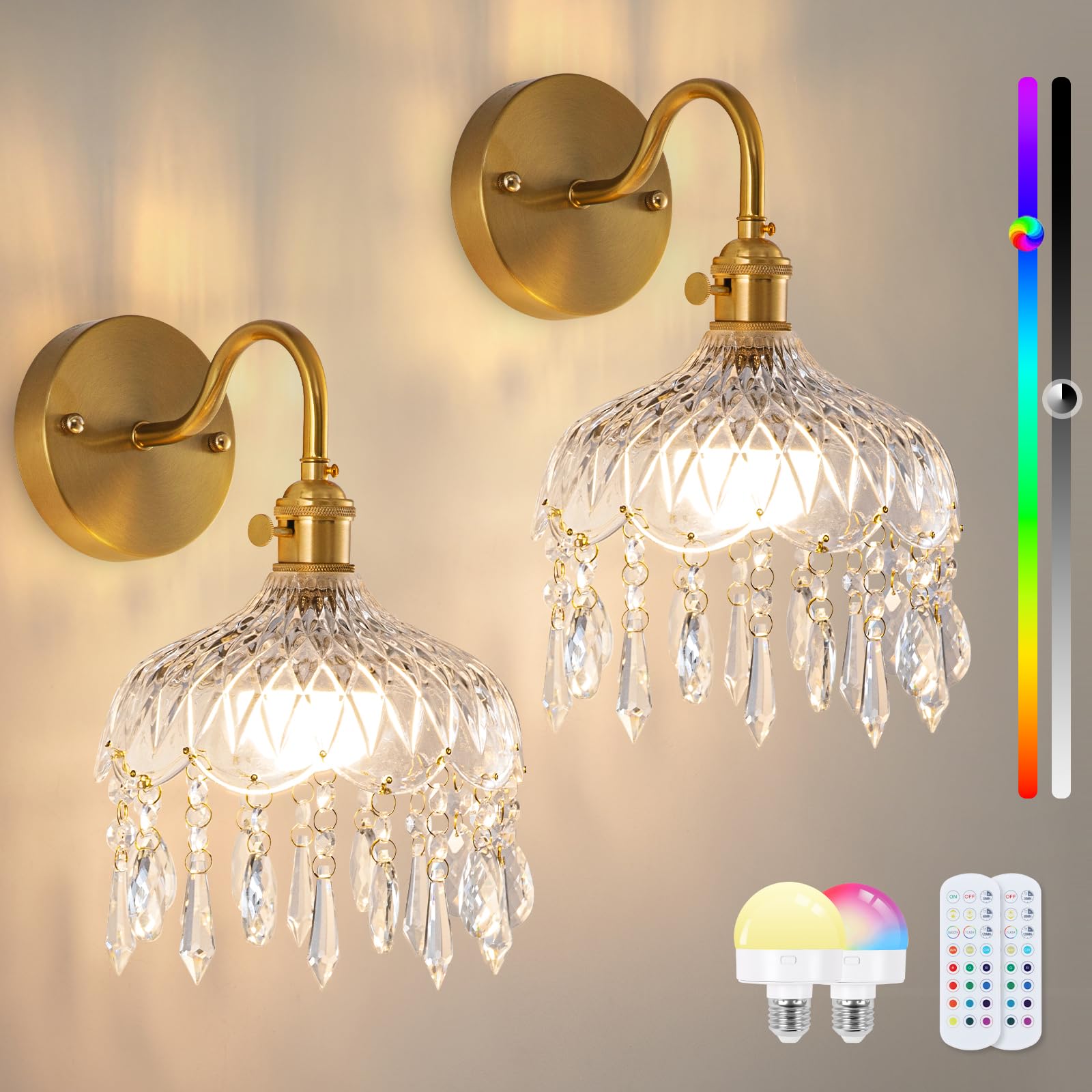 Vintage Battery Operated Wireless Wall Sconces, Rechargeable Battery Antique Brass Wall Lights,Luxury Corridor Lamp with Remote for Dining Room Hallway Living Room, Set of Two