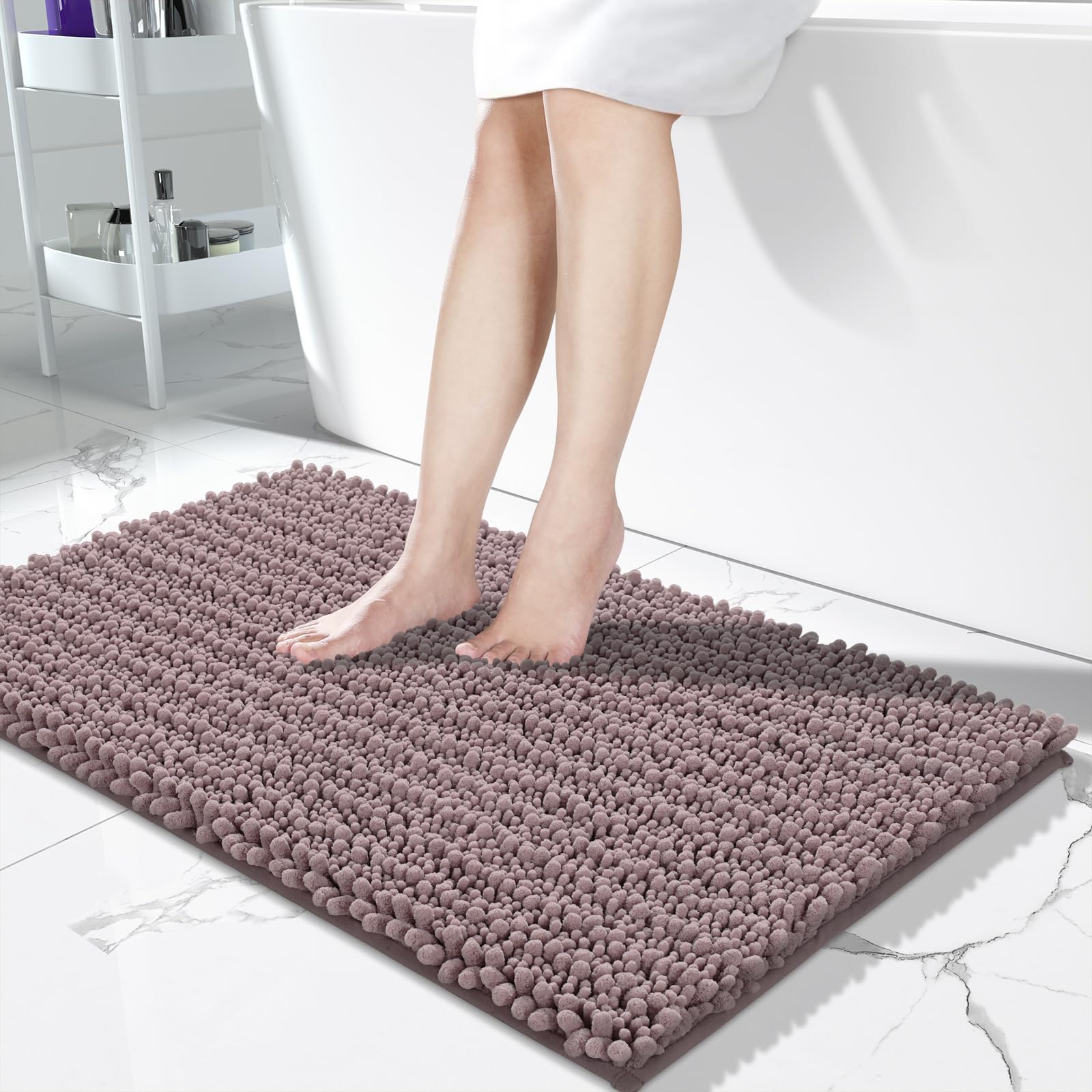 Yimobra Bathroom Rugs Non Slip Washable - Ultra Soft Absorbent Chenille Bath Mat, Quick Dry Shaggy Floor Carpet for Tub Shower, Gray Home Decor Accessories, 24x17 Inch