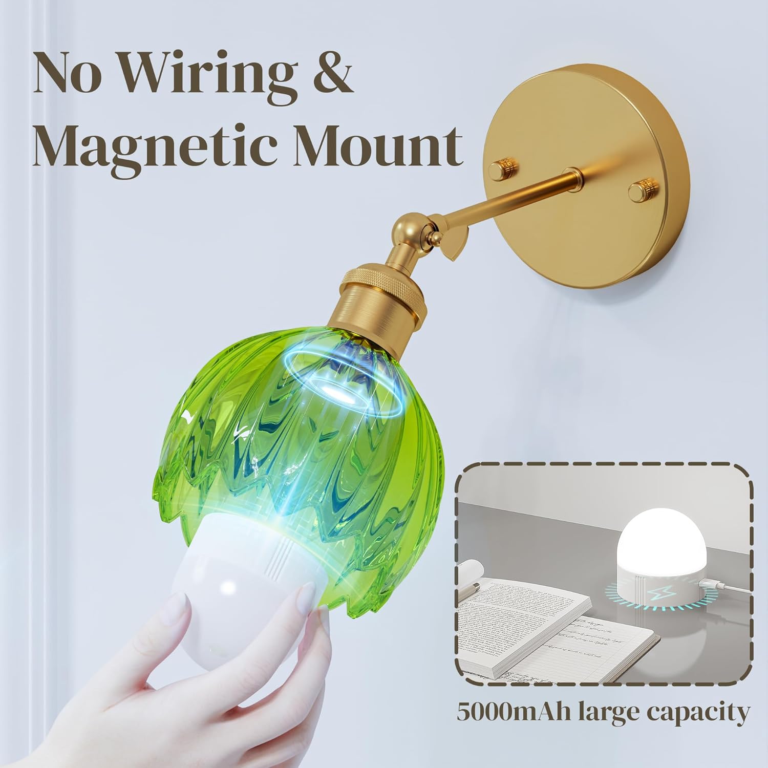 Vintage Battery Operated Wall Sconce Set of 2, Wireless Wall Sconce with Green Tulip Glass Shade, Rechargeable & Remote Control Wall Lamp for Living Room, Bedroom，Hallway Wall Decor Lights
