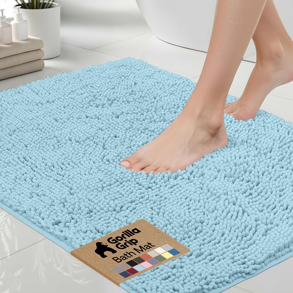 GORILLA GRIP Bath Rug Mat, Thick Soft Absorbent Chenille, Quick Dry Microfiber Mats, Rubber Backing Washable Shower Floor Rugs, US Designed Bathroom Bathmat Home Decor Accessories, 24x17, Grey