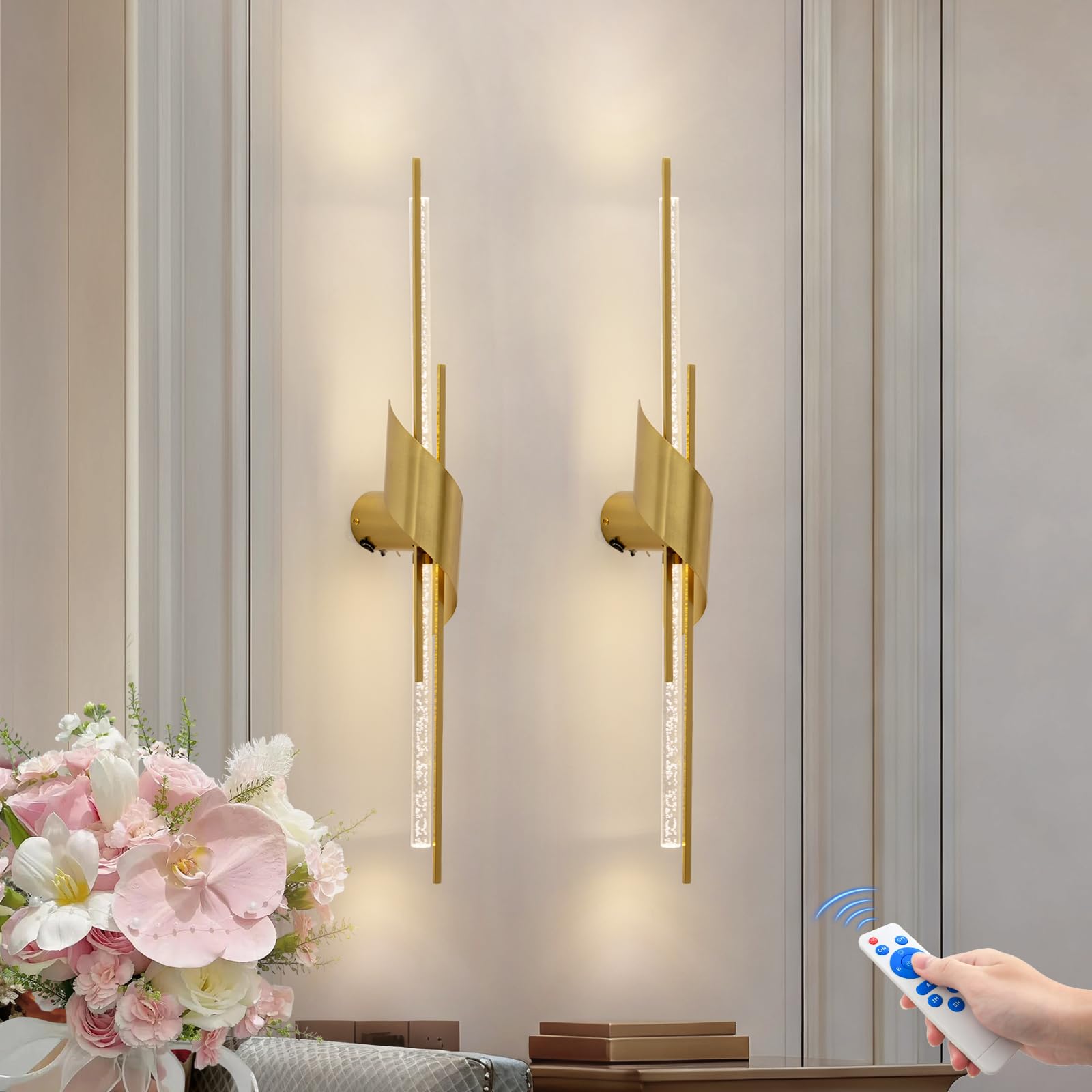 camuucci Battery Operated Wall Sconces Set of Two,Modern Wireless Wall Lights,LED Rechargeable 20000mAh Not Hardwired Remote Control Dimmable Wall Lamp Fixtures for Bedroom Black 33 Inches