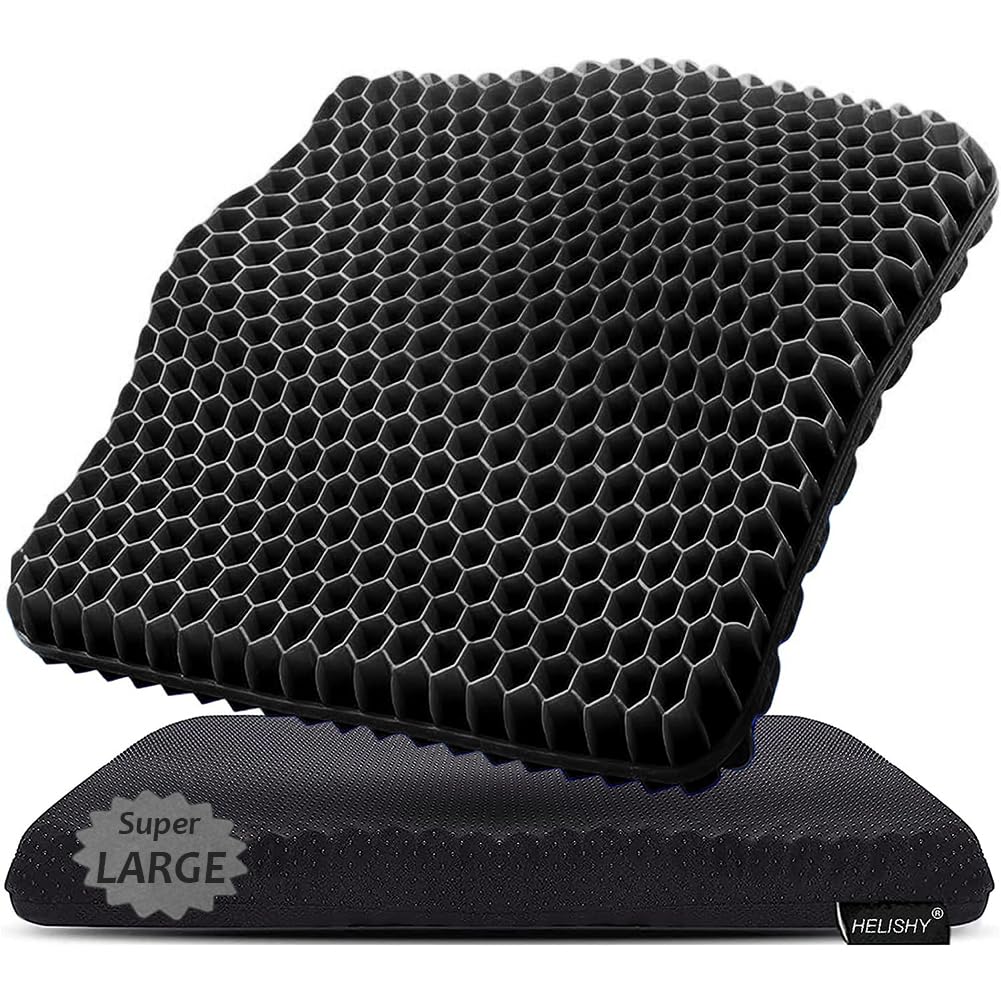 Gel Seat Cushion, Jumbo&Thick Gel Cushion with Non-Slip Cover for Home Office Car Seat Wheelchair, Soft Breathable Honeycomb Chair Pads for Relieve Hip Pain, Black 20x20x1.9inch