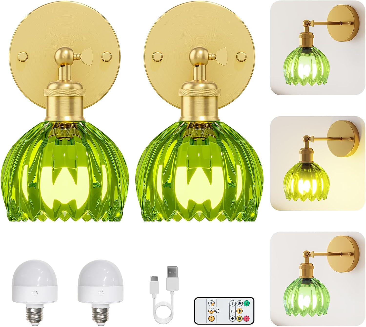Vintage Battery Operated Wall Sconce Set of 2, Wireless Wall Sconce with Green Tulip Glass Shade, Rechargeable & Remote Control Wall Lamp for Living Room, Bedroom，Hallway Wall Decor Lights