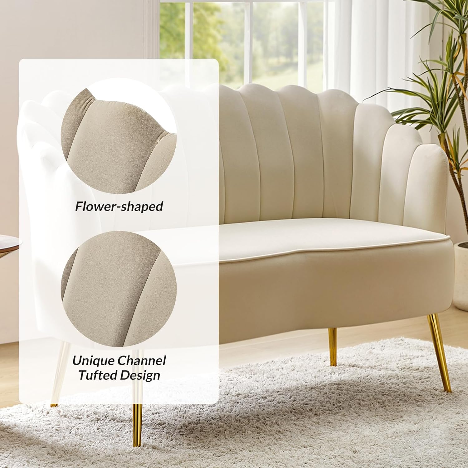 Velvet Upholstered Loveseat Sofa with Gold Metal Legs, Modern Comfy Small Love Seat with Flower Shaped Back, 2-Seater Sofa Accent Couch for Living Bedroom Leisure Areas