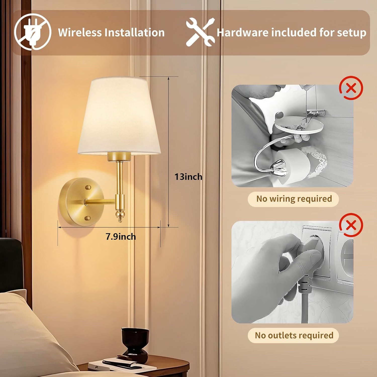 Battery Operated Wall Sconce Set of 2, Rechargeable Wireless Wall Lights with fabric Lampshade, 5200mAh Dimmable Bulbs with Remote,15 Colors Wireless Wall Lamps for Bedroom Living Room Hallway Decor