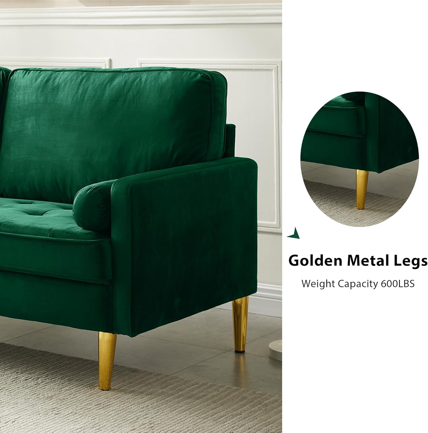 67" Mid Century Modern Loveseat Sofa, 2-Seater Velvet Tufted Love Seat Couch with Bolster Pillows, Golden Frosted Legs for Small Space, Living Room, Apartment, Bedroom (Green)