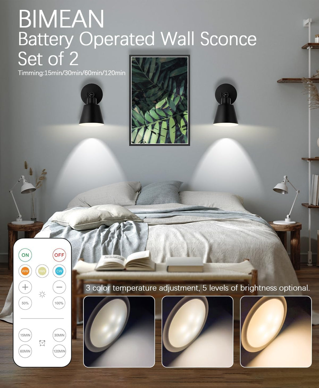 Black Battery Operated Wall Sconce Set of Two, Easy to Install Wireless Lights for Wall, Remote Control Dimmable LED Lights, Auto Timer Wall Lamp Fixtures for Bedroom, Gallery, Living Room, RV