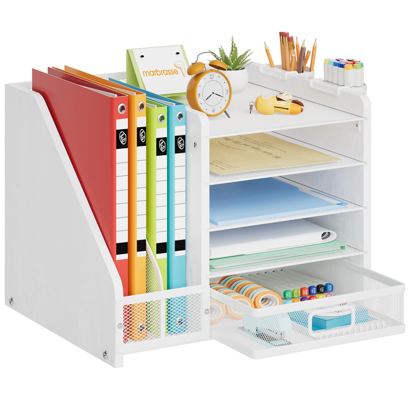 Marbrasse Desk Organizer with File Holder, 5-Tier Paper Letter Tray Organizer with Drawer and 2 Pen Holder, Mesh Desktop Organizer and Storage with Magazine Holder for Office Supplies (Wood-Brown)