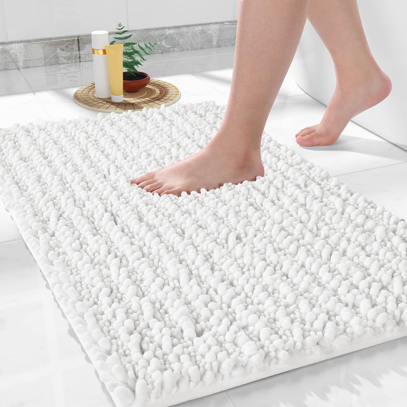 Yimobra Bathroom Rugs Non Slip Washable - Ultra Soft Absorbent Chenille Bath Mat, Quick Dry Shaggy Floor Carpet for Tub Shower, Gray Home Decor Accessories, 24x17 Inch