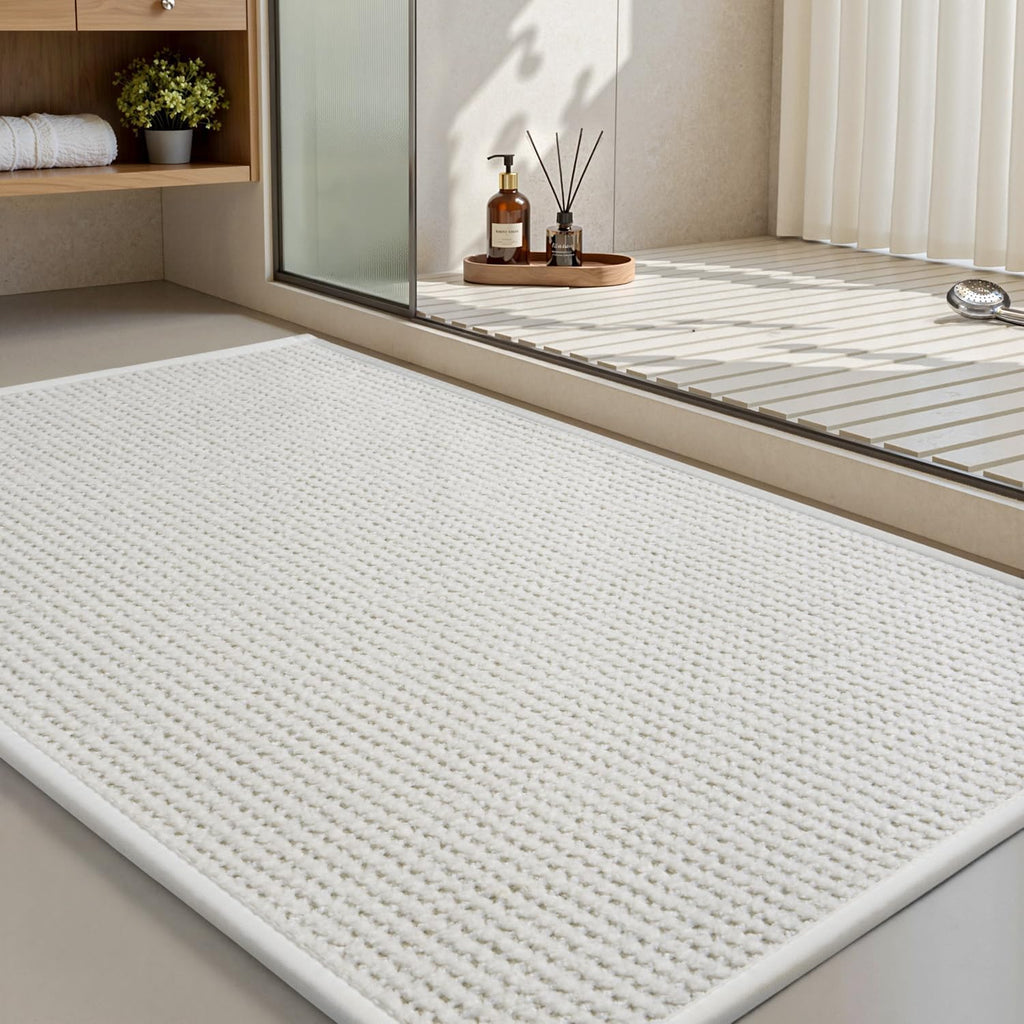 MontVoo Bath Mat,Chenille Absorbent Bathroom Mat Quick Dry Rubber Backed Bathroom Rugs Non Slip Washable Bath Mats,Ultra Thin Bathroom Rugs Fit Under Door,17"x24",White