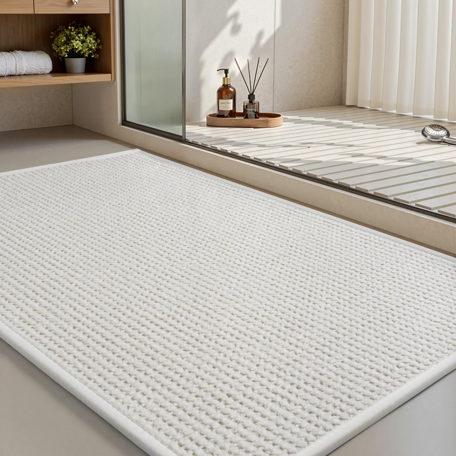 MontVoo Bath Mat,Chenille Absorbent Bathroom Mat Quick Dry Rubber Backed Bathroom Rugs Non Slip Washable Bath Mats,Ultra Thin Bathroom Rugs Fit Under Door,17"x24",White