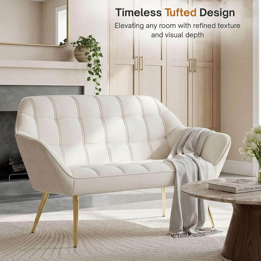 Hyfirm 48" Cream Velvet Tufted Loveseat Sofa, Modern Luxury Mini Couch with Gold Metal Legs, Comfy Small Loveseat for Small Space, Living Room, Bedroom, Apartment & Office