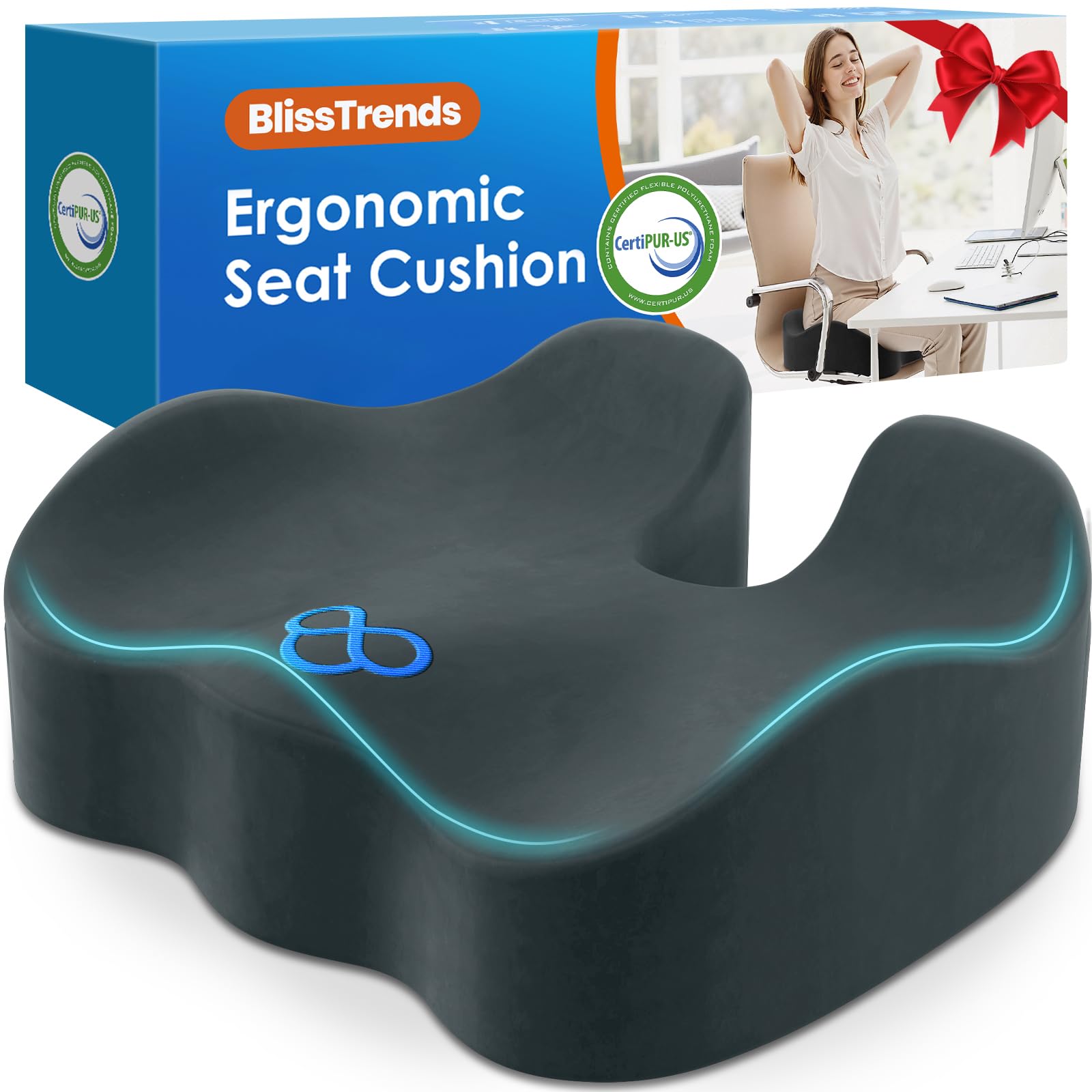 BlissTrends Seat Cushion with Velvet Cover, Thick Memory Foam Cushions for Office Chair, Car Seat, Airplane, Relieving Pressure Tailbone Sciatica Back Pain for Long Sitting, Car Drivers 4.7in Black