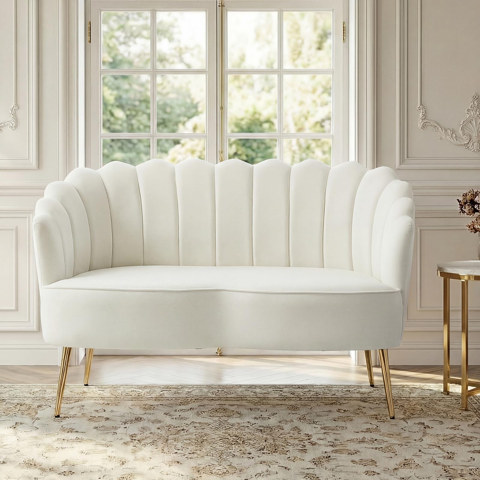 Velvet Upholstered Loveseat Sofa with Gold Metal Legs, Modern Comfy Small Love Seat with Flower Shaped Back, 2-Seater Sofa Accent Couch for Living Bedroom Leisure Areas