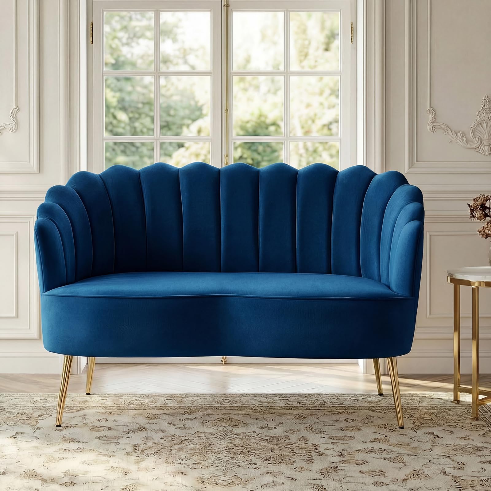 Velvet Upholstered Loveseat Sofa with Gold Metal Legs, Modern Comfy Small Love Seat with Flower Shaped Back, 2-Seater Sofa Accent Couch for Living Bedroom Leisure Areas