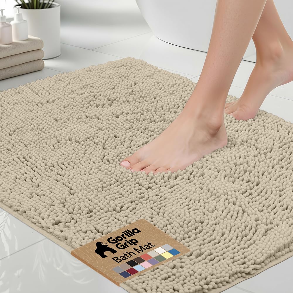 GORILLA GRIP Bath Rug Mat, Thick Soft Absorbent Chenille, Quick Dry Microfiber Mats, Rubber Backing Washable Shower Floor Rugs, US Designed Bathroom Bathmat Home Decor Accessories, 24x17, Grey