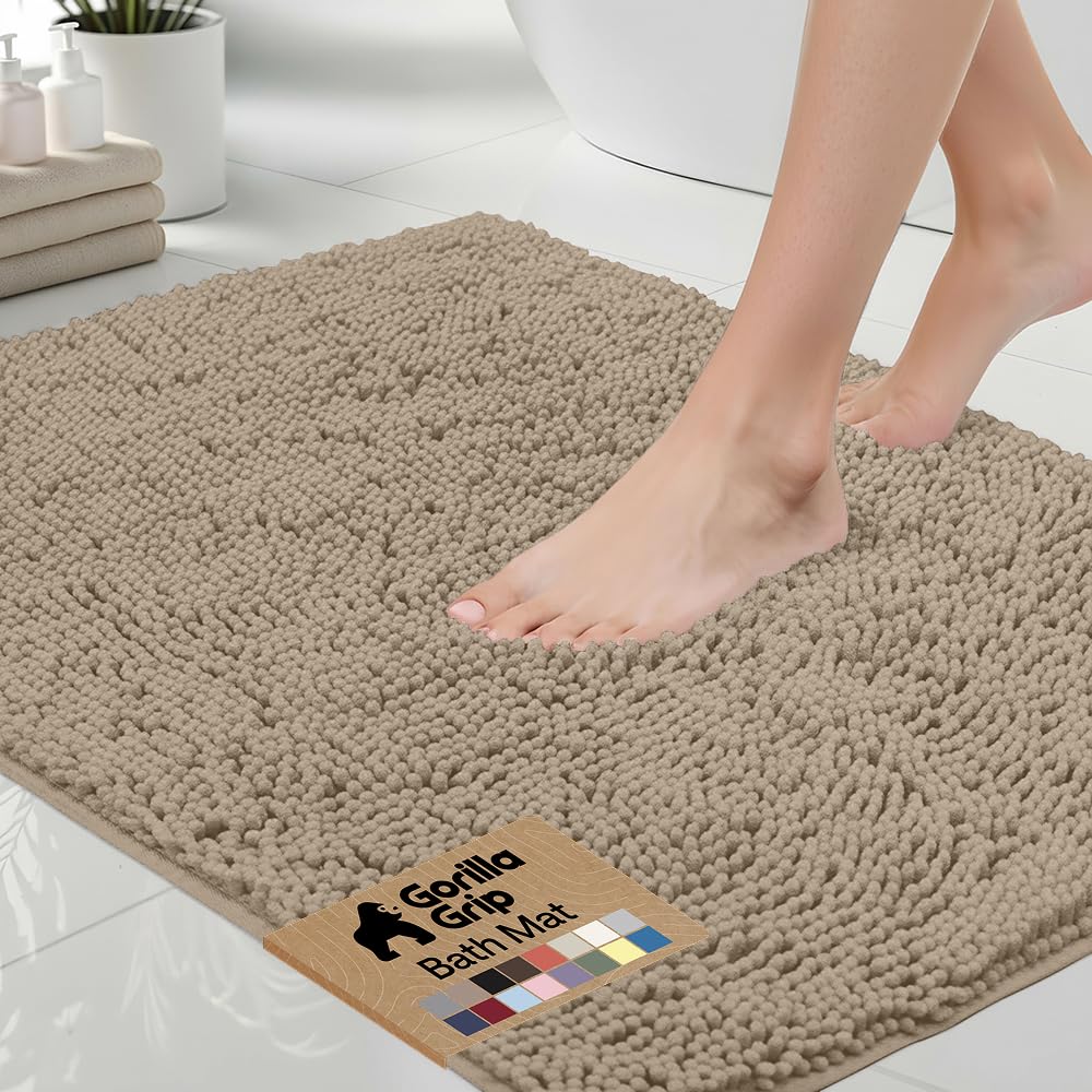 GORILLA GRIP Bath Rug Mat, Thick Soft Absorbent Chenille, Quick Dry Microfiber Mats, Rubber Backing Washable Shower Floor Rugs, US Designed Bathroom Bathmat Home Decor Accessories, 24x17, Grey