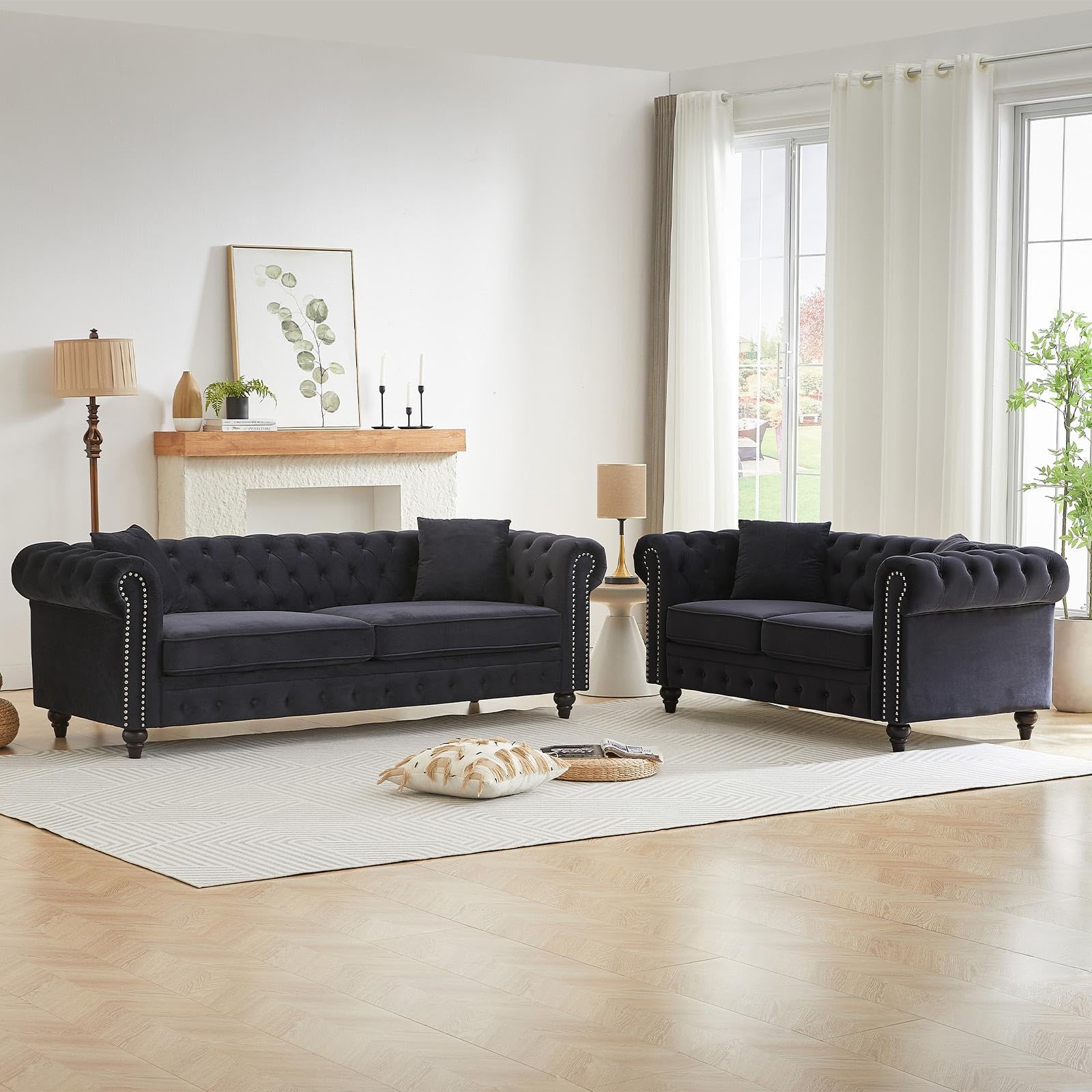 Modern Chesterfield Sofa Set for Living Room, 2 Piece Velvet Fabric Furniture Sets 3 Seater Couch&Loveseat Sofa with Rolled Arms and Tufted Button, Office, Light Grey