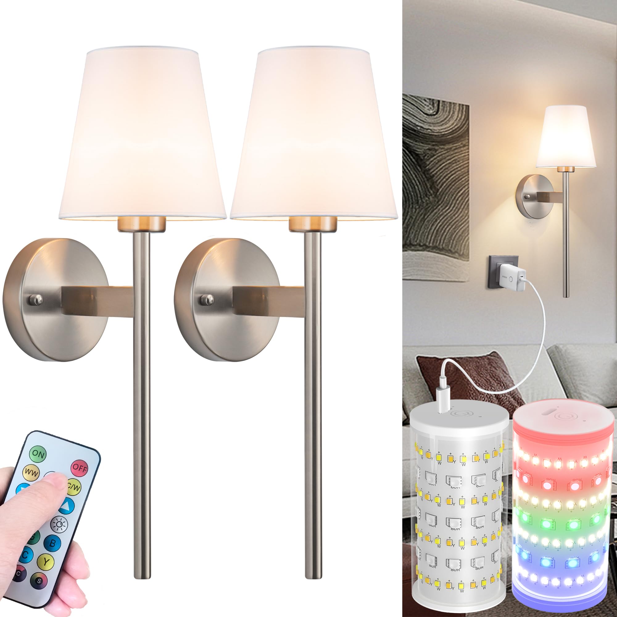 Nekhung Battery Operated Wall Sconces Set of Two, Wireless Battery Wall Light with 10000mAh RGB Dimmable Magnetic Bulb and Remote, Rechargeable Sconce Wall Decor for Bedroom Living Room Hallway