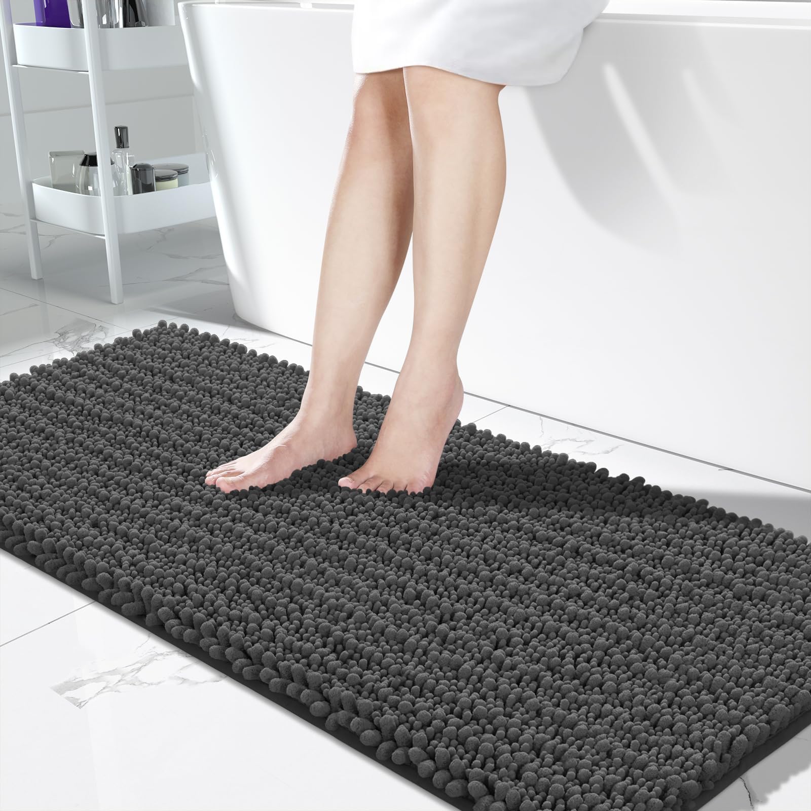 Yimobra Bathroom Rugs Non Slip Washable - Ultra Soft Absorbent Chenille Bath Mat, Quick Dry Shaggy Floor Carpet for Tub Shower, Gray Home Decor Accessories, 24x17 Inch