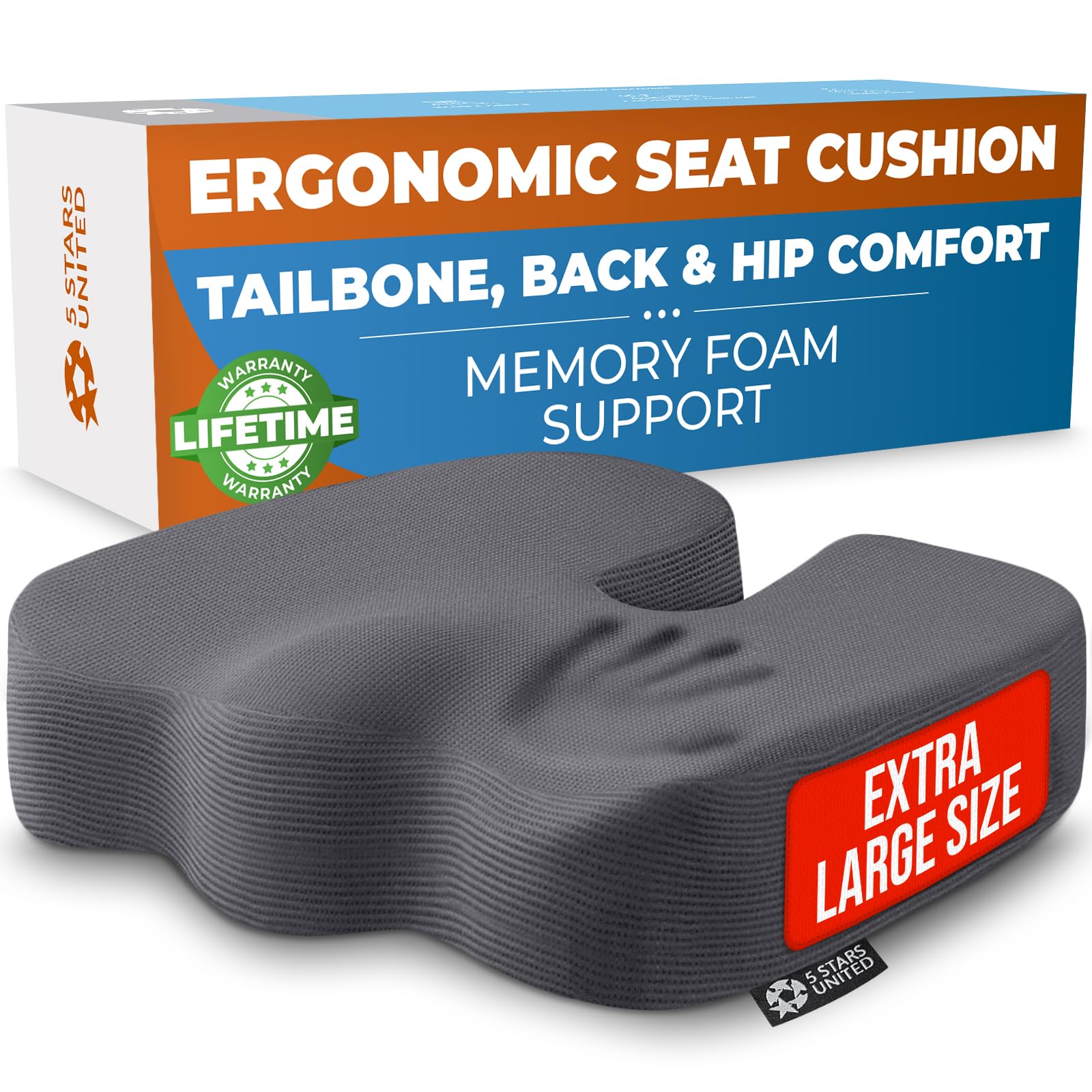 5 STARS UNITED Seat Cushion - Memory Foam Chair Cushion for Tailbone Pain Relief - Ergonomic Support for Coccyx, Sciatica & Butt - Office, Desk & Gaming Chair, Car Seat, Wheelchair, Airplane, Black