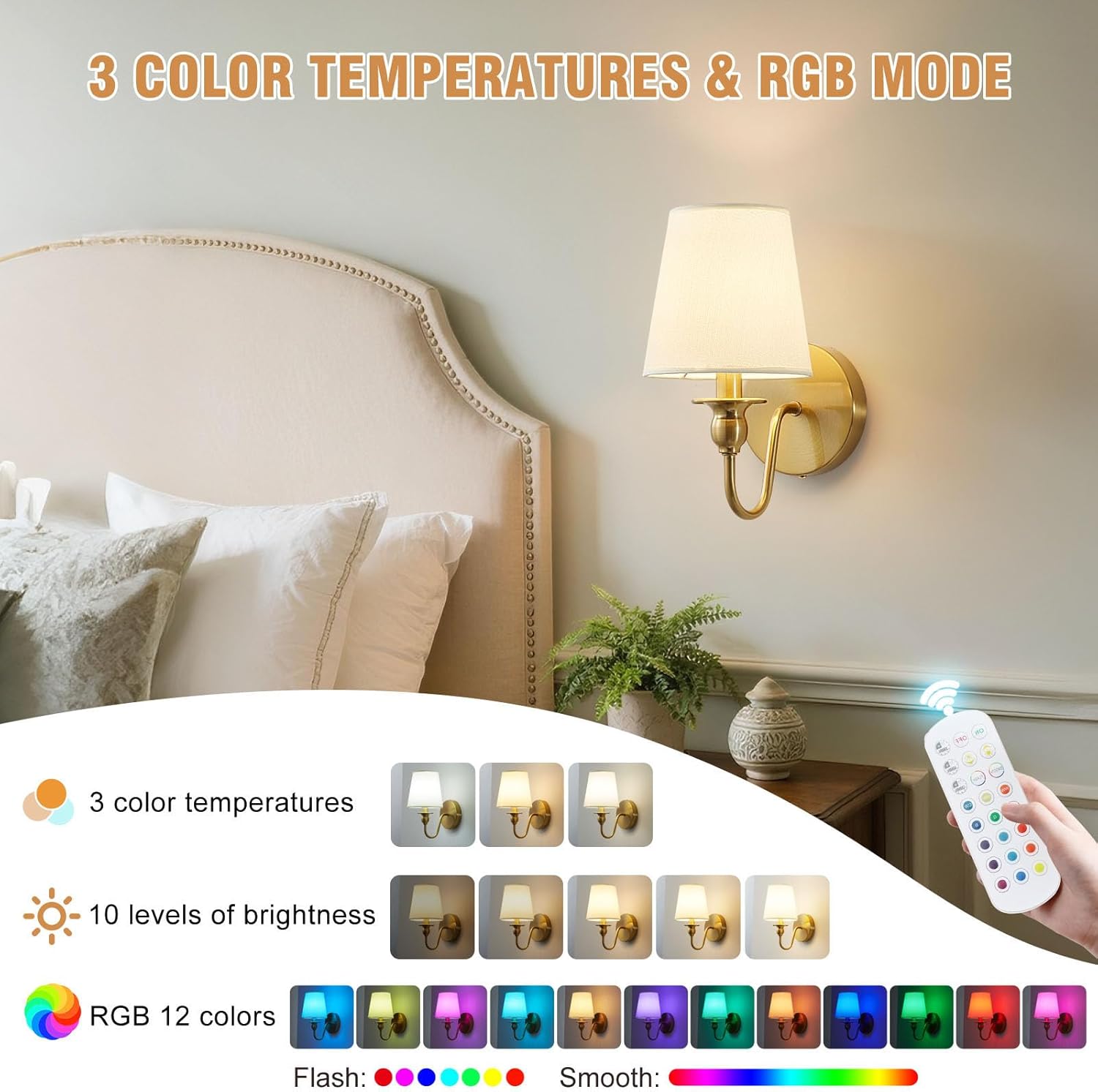Battery Operated Wall Sconce Set of 2,Wireless Wall Sconces with 10000 mAh,RGB Rechargeable Sconces with Remote,Cordless Wall Lights for Bedroom,Living Room,Bathroom,Renter Friendly Home Decor (Gold)
