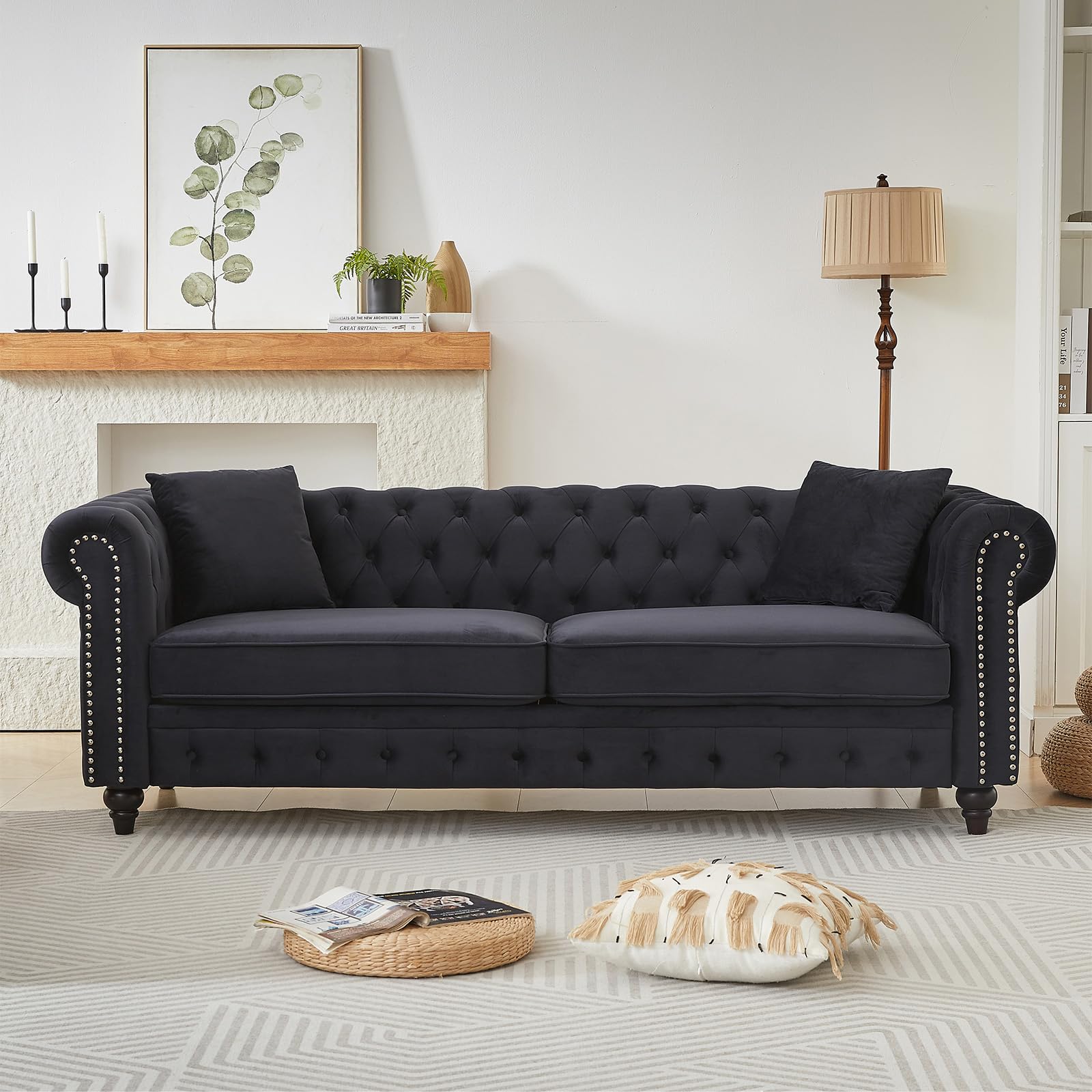 Modern Chesterfield Sofa Couch, 63.5-inch Velvet Fabric Loveseat Sofa with Rolled Arms and Tufted Button for Living Room, Office, Light Grey