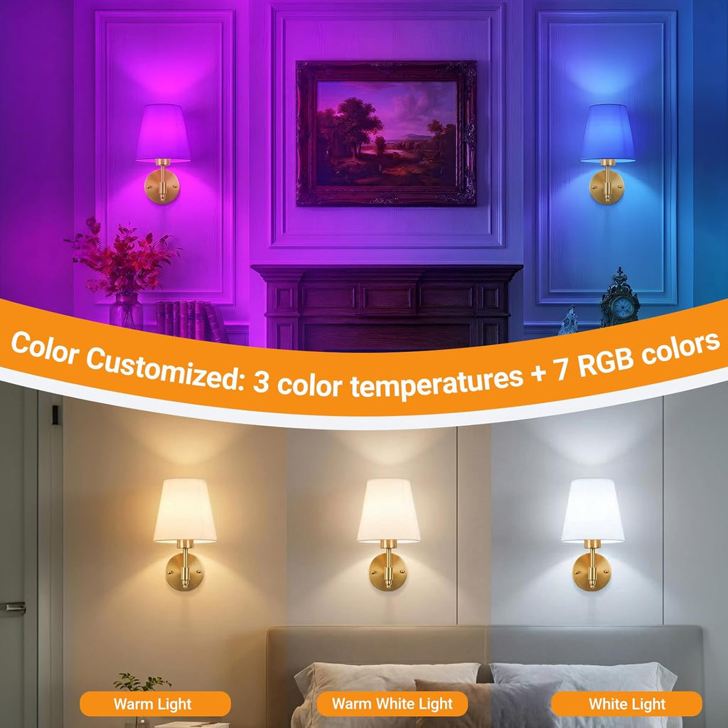 Nekhung Battery Operated Wall Sconces Set of Two, Wireless Battery Wall Light with 10000mAh RGB Dimmable Magnetic Bulb and Remote, Rechargeable Sconce Wall Decor for Bedroom Living Room Hallway