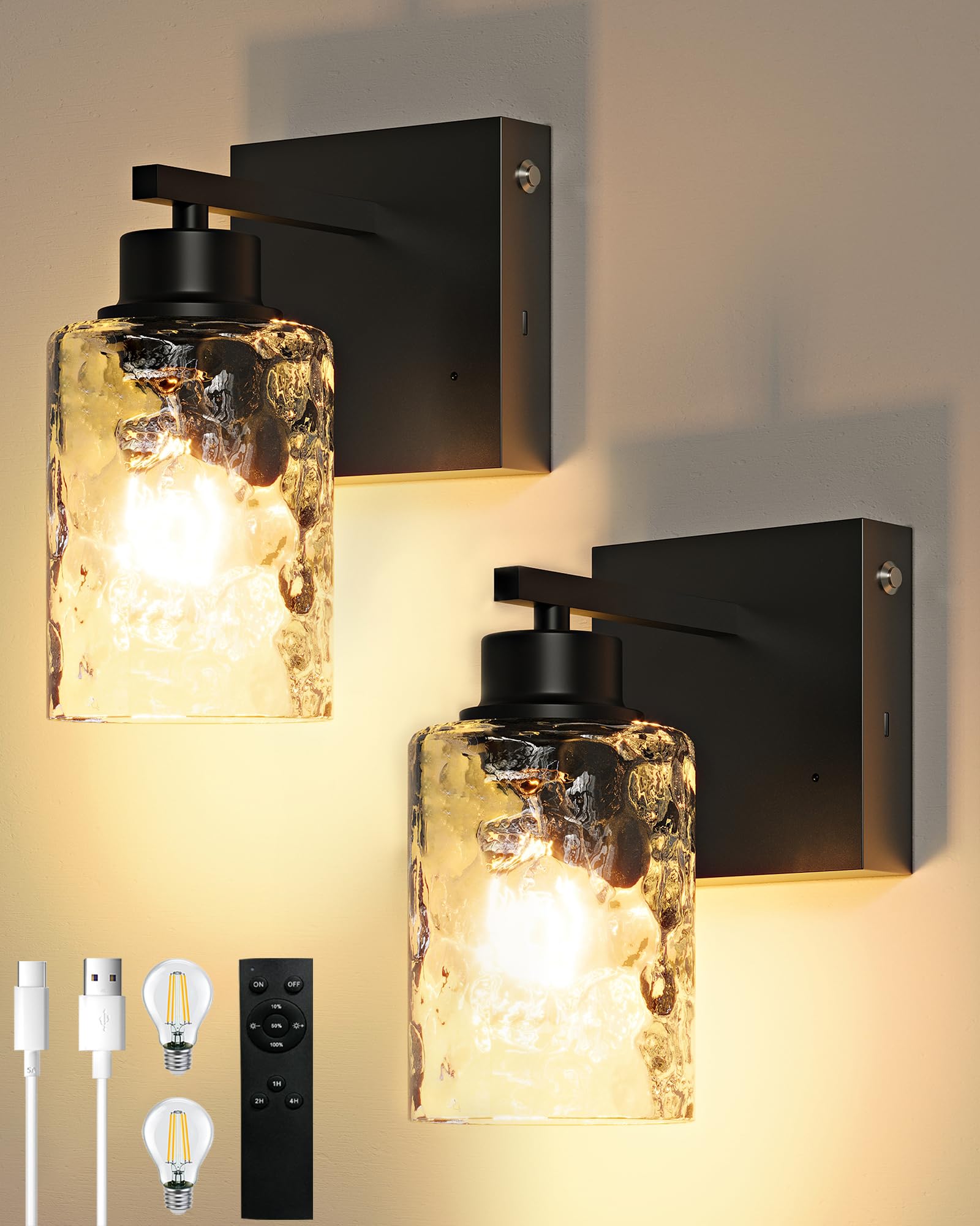 Battery Operated Wall Sconce Set of 2, Black Rechargeable Wall Lights with Timer Function, Easy Install Dimmable Wireless Wall Lamps Sconces Wall Decor for Living Room Bedroom Hallway, Emergency 3000K
