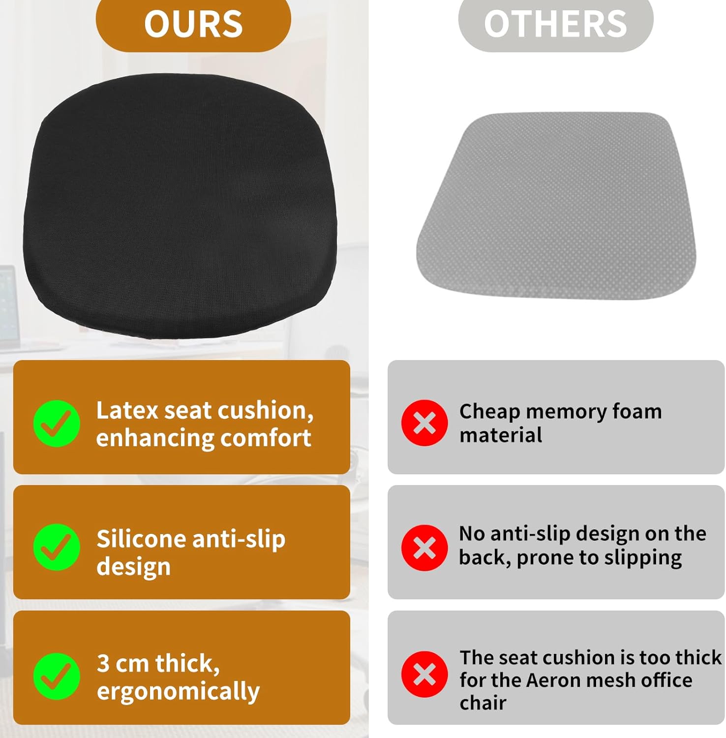 Seat Cushion for Herman Miller Aeron Chair, Natural Latex Ergonomic Office Chair Cushion, Soft and Comfortable Seat Mat（Fit A/B/C Size ） (Black)