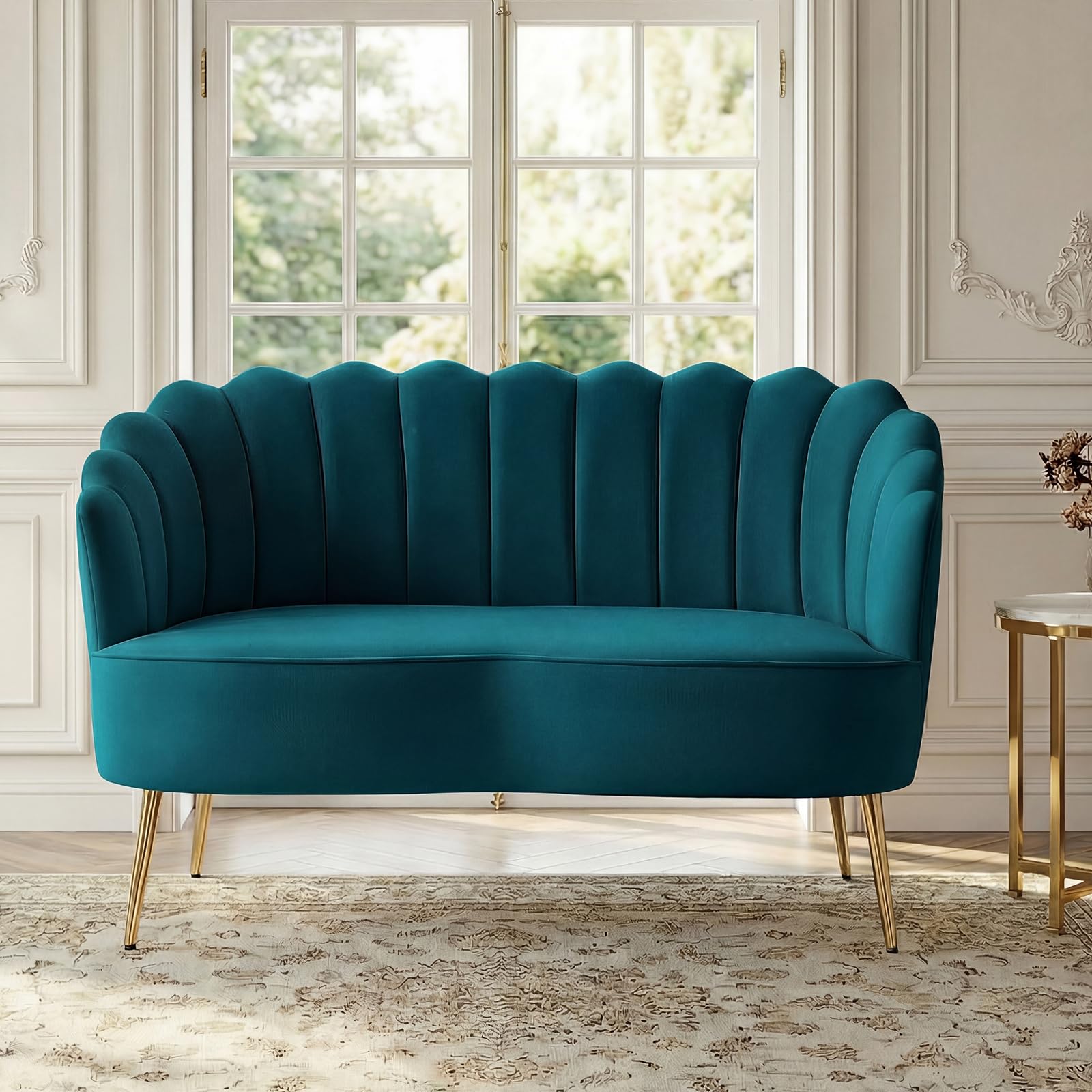 Velvet Upholstered Loveseat Sofa with Gold Metal Legs, Modern Comfy Small Love Seat with Flower Shaped Back, 2-Seater Sofa Accent Couch for Living Bedroom Leisure Areas
