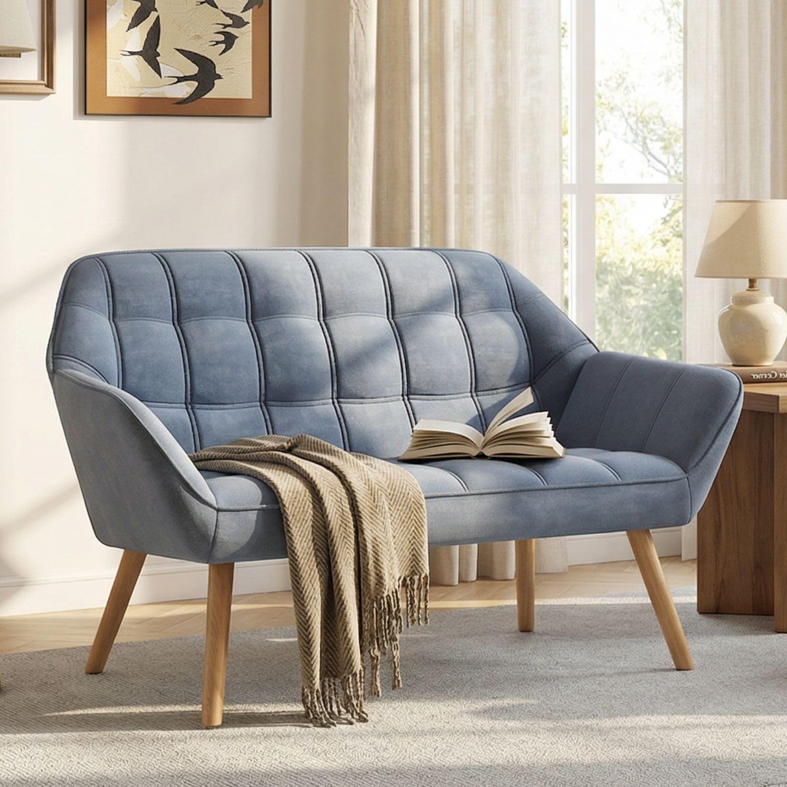 Hyfirm 48" Cream Velvet Tufted Loveseat Sofa, Modern Luxury Mini Couch with Gold Metal Legs, Comfy Small Loveseat for Small Space, Living Room, Bedroom, Apartment & Office