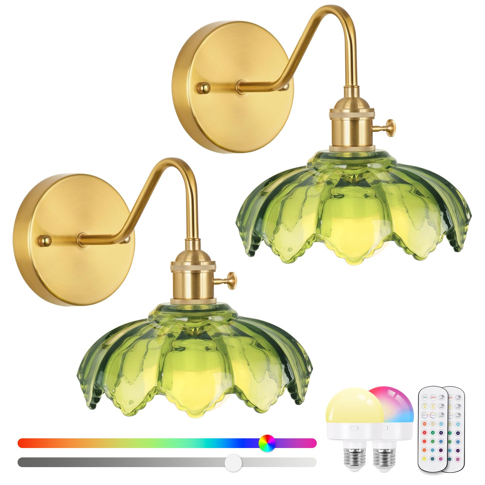 Vintage Battery Operated Wall Sconces Set Of Two, Indoor not Hardwired Brass Green Glass Lampshade Fixtures,Rechargeable Wireless RGB Wall Lights with Dimmable Remote Control,for Bedroom Living Room