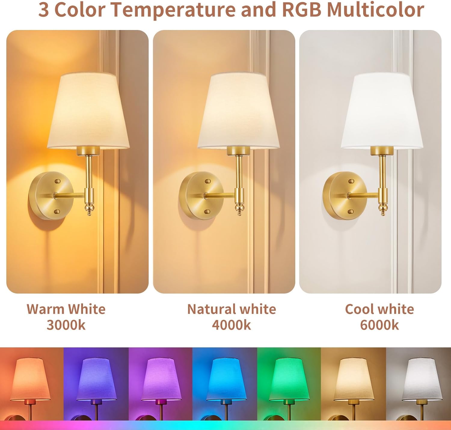 Battery Operated Wall Sconce Set of 2, Rechargeable Wireless Wall Lights with fabric Lampshade, 5200mAh Dimmable Bulbs with Remote,15 Colors Wireless Wall Lamps for Bedroom Living Room Hallway Decor