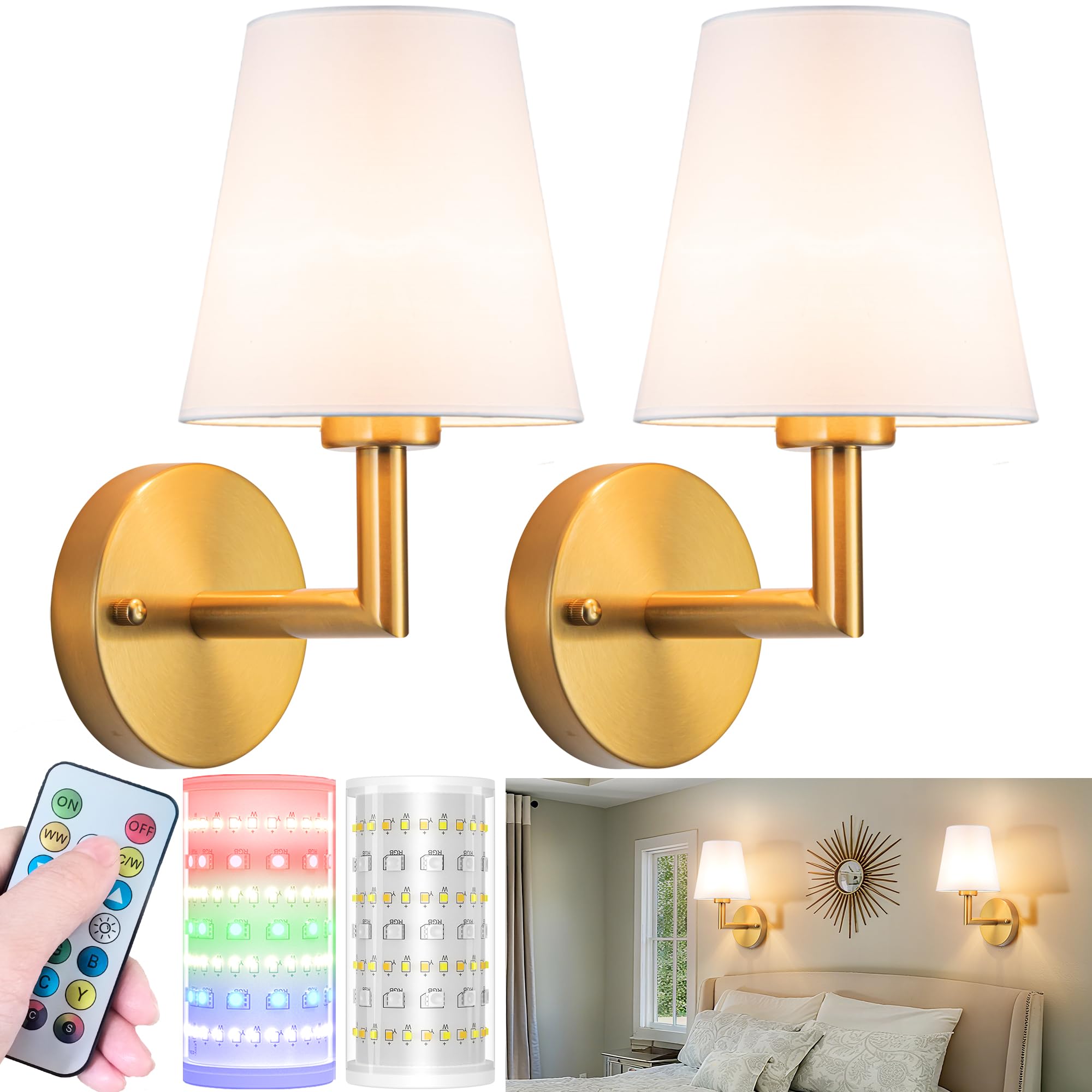 Nekhung Battery Operated Wall Sconces Set of Two, Wireless Battery Wall Light with 10000mAh RGB Dimmable Magnetic Bulb and Remote, Rechargeable Sconce Wall Decor for Bedroom Living Room Hallway